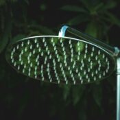 A close-up of a silver shower head in front of lush green leaves, outdoors.