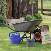 A serene backyard gardening scene featuring a wheelbarrow, watering can, and potting soil on grass.