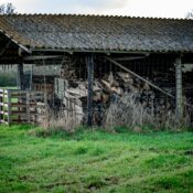 Charming rural wooden shed in Coesfeld, Germany, surrounded by lush green fields.