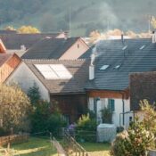 Picturesque rural village scene with cottages and smoky chimneys in springtime.