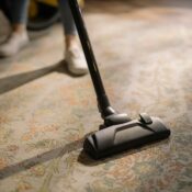 Close-up of a vacuum cleaner on a patterned carpet in a sunlit room, capturing a moment of household cleaning.