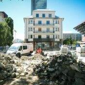 City center road construction site in Bratislava under bright daylight.