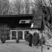 A winter scene featuring a cottage with solar panels and snow-covered trees in black and white.