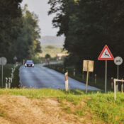 A rural road in Croatia featuring a deer crossing sign, surrounded by dense forest.